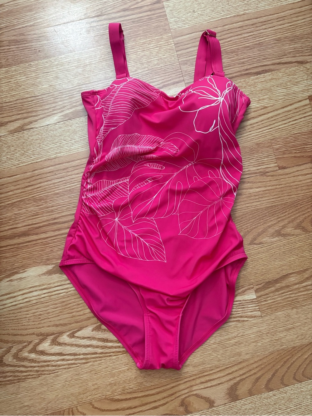 Susan Graver Hot Pink One-Piece Swimsuit with White Leaf Print